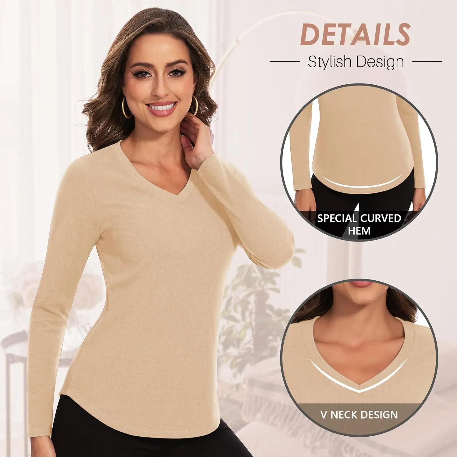 WOWENY Women's V Neck Long Sleeve Thermal Shirts Fleece Pullover Top Soft Base Layer Undershirts Basic Cold Weather