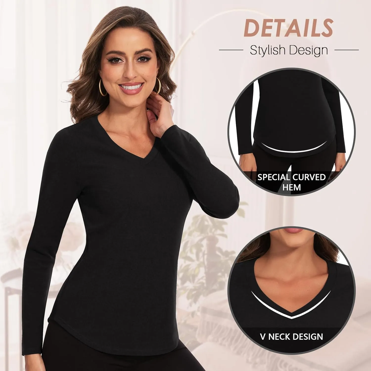 WOWENY Women's V Neck Long Sleeve Thermal Shirts Fleece Pullover Top Soft Base Layer Undershirts Basic Cold Weather