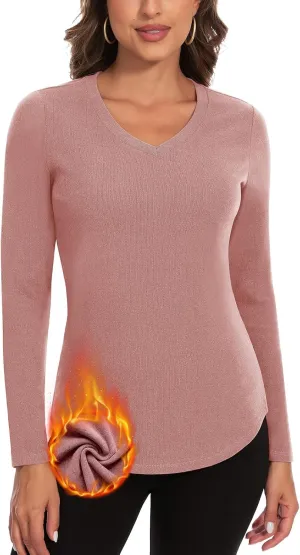 WOWENY Women's V Neck Long Sleeve Thermal Shirts Fleece Pullover Top Soft Base Layer Undershirts Basic Cold Weather