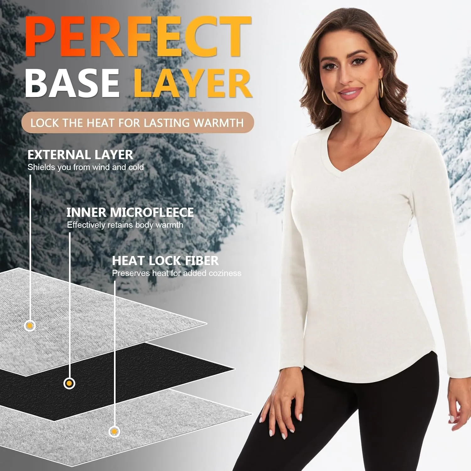 WOWENY Women's V Neck Long Sleeve Thermal Shirts Fleece Pullover Top Soft Base Layer Undershirts Basic Cold Weather