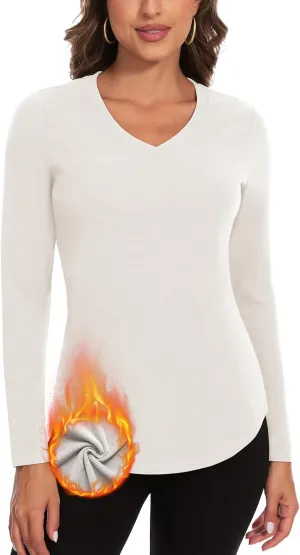 WOWENY Women's V Neck Long Sleeve Thermal Shirts Fleece Pullover Top Soft Base Layer Undershirts Basic Cold Weather