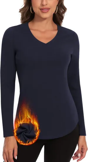 WOWENY Women's V Neck Long Sleeve Thermal Shirts Fleece Pullover Top Soft Base Layer Undershirts Basic Cold Weather