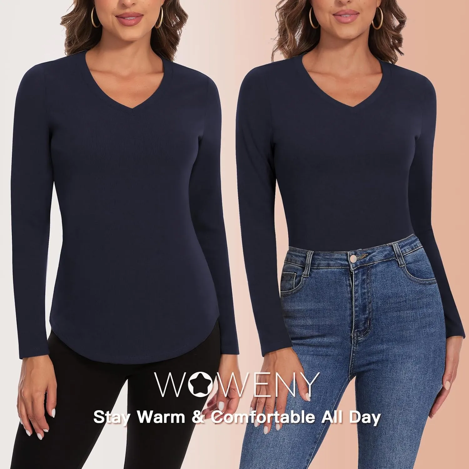 WOWENY Women's V Neck Long Sleeve Thermal Shirts Fleece Pullover Top Soft Base Layer Undershirts Basic Cold Weather