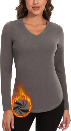 WOWENY Women's V Neck Long Sleeve Thermal Shirts Fleece Pullover Top Soft Base Layer Undershirts Basic Cold Weather