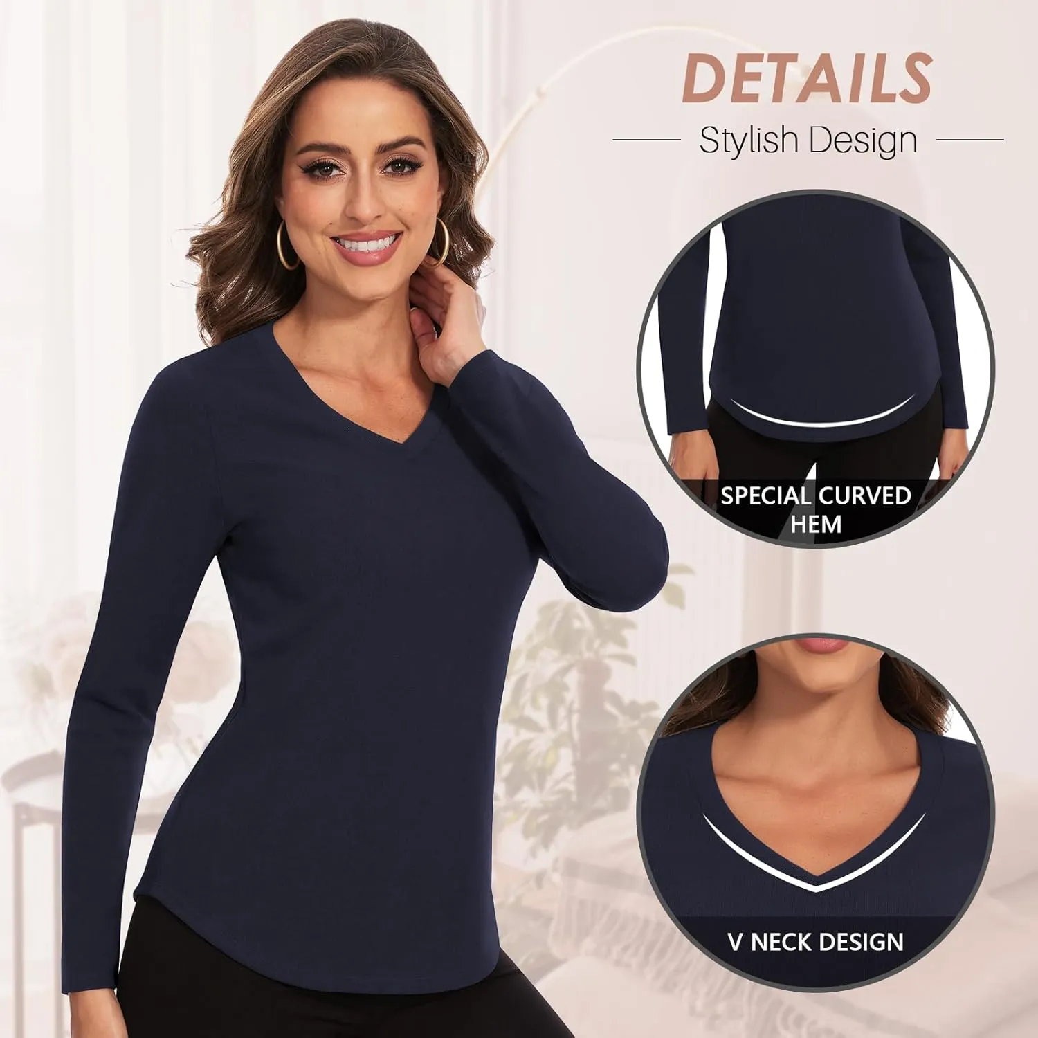 WOWENY Women's V Neck Long Sleeve Thermal Shirts Fleece Pullover Top Soft Base Layer Undershirts Basic Cold Weather