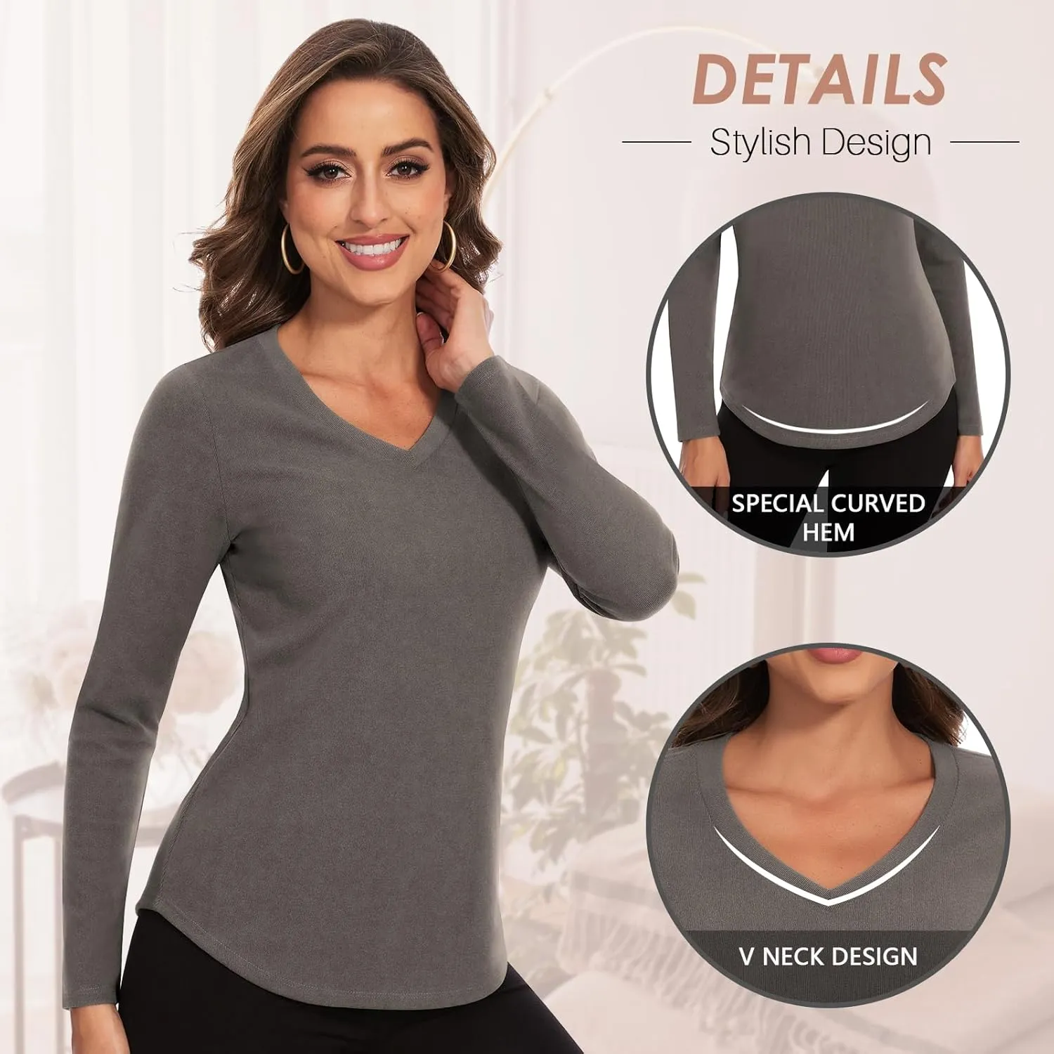 WOWENY Women's V Neck Long Sleeve Thermal Shirts Fleece Pullover Top Soft Base Layer Undershirts Basic Cold Weather