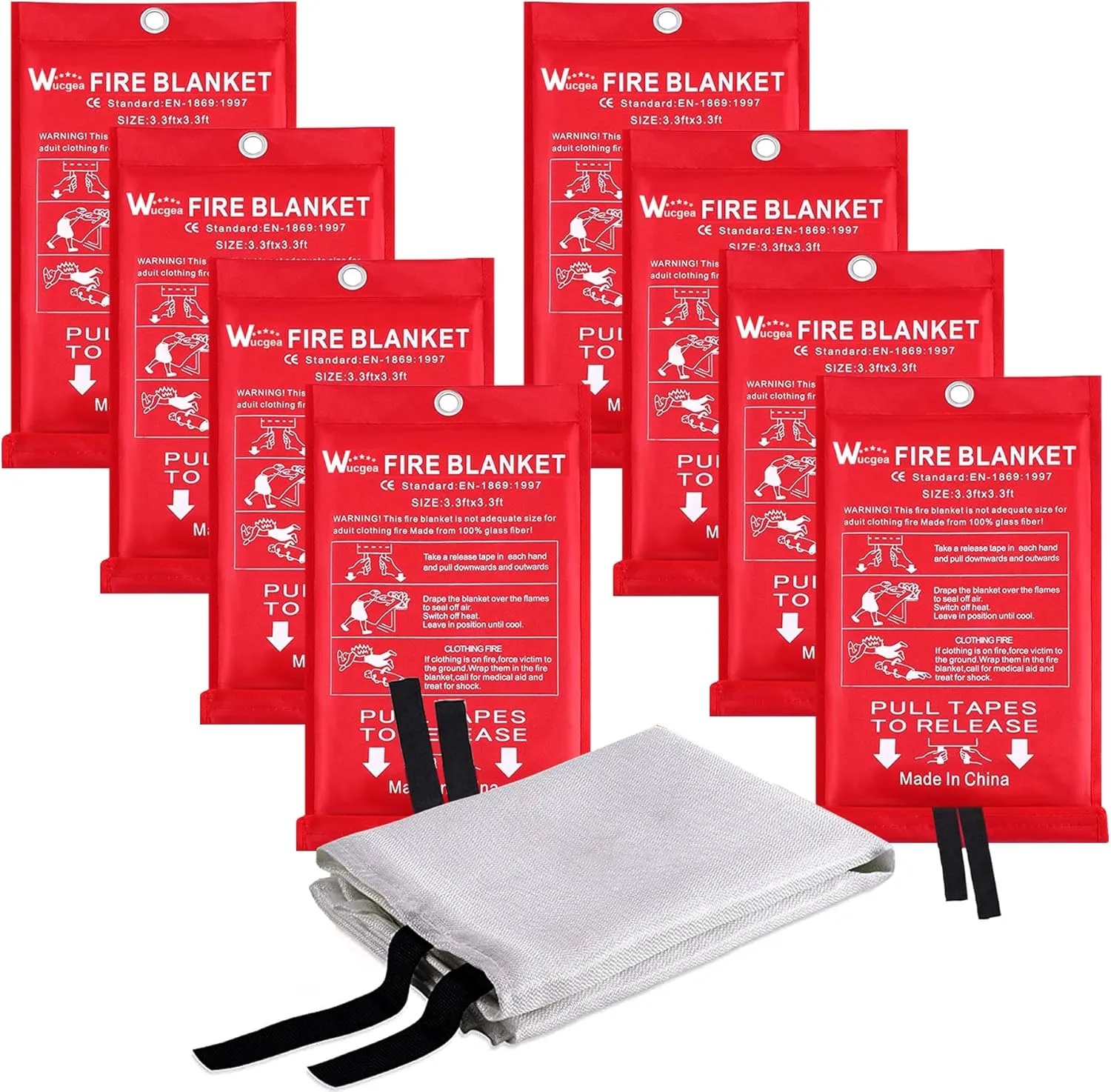 Wucgea Fire Blanket for Home and Kitchen - 8 Pack Fiberglass Reusable Fire Blankets Suppression Emergency for School Fireplace Grill Car Office Garage Welding Warehouse Safety 3.3ft x 3.3ft