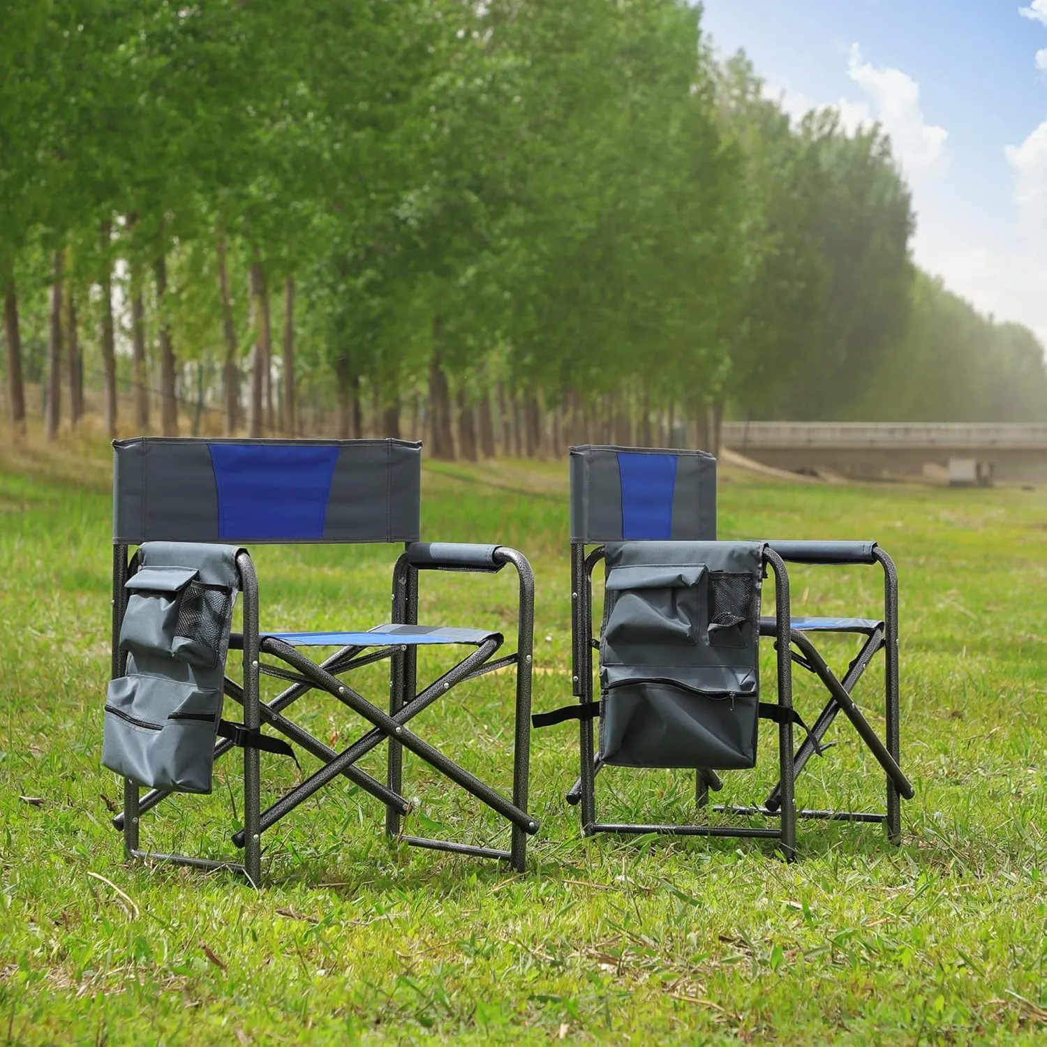 XXL Oversized Folding Camping Chair, Portable Directors Chair with Side Table & Storage Pocket, Lawn Chairs for Fishing,Trip,Picnic,Lawn,Concert Outdoor, 2 PCS Blue