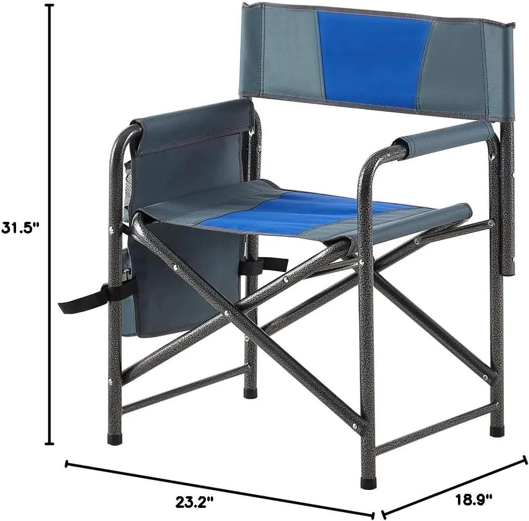 XXL Oversized Folding Camping Chair, Portable Directors Chair with Side Table & Storage Pocket, Lawn Chairs for Fishing,Trip,Picnic,Lawn,Concert Outdoor, 2 PCS Blue
