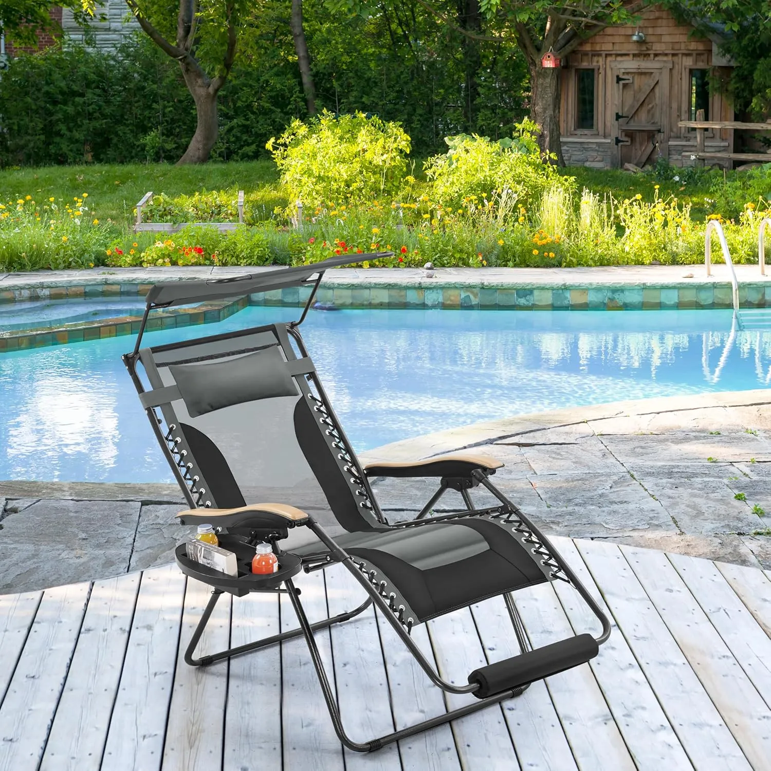 Yaheetech 29in Zero Gravity Chair, Adjustable Patio Padded Anti Gravity Recliner Foldable Outdoor Lounger with Cup Holder Tray, Canopy Shade and Headrest for Beach Camping Gray/Black/1