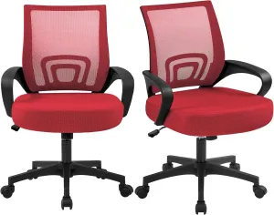 Yaheetech 2pcs Ergonomic Mesh Office Chairs, Computer Chair with Lumbar Support & 360° Rolling Casters 276lb Weight Capacity, Mid-Back Height Adjustable Task Chairs Red