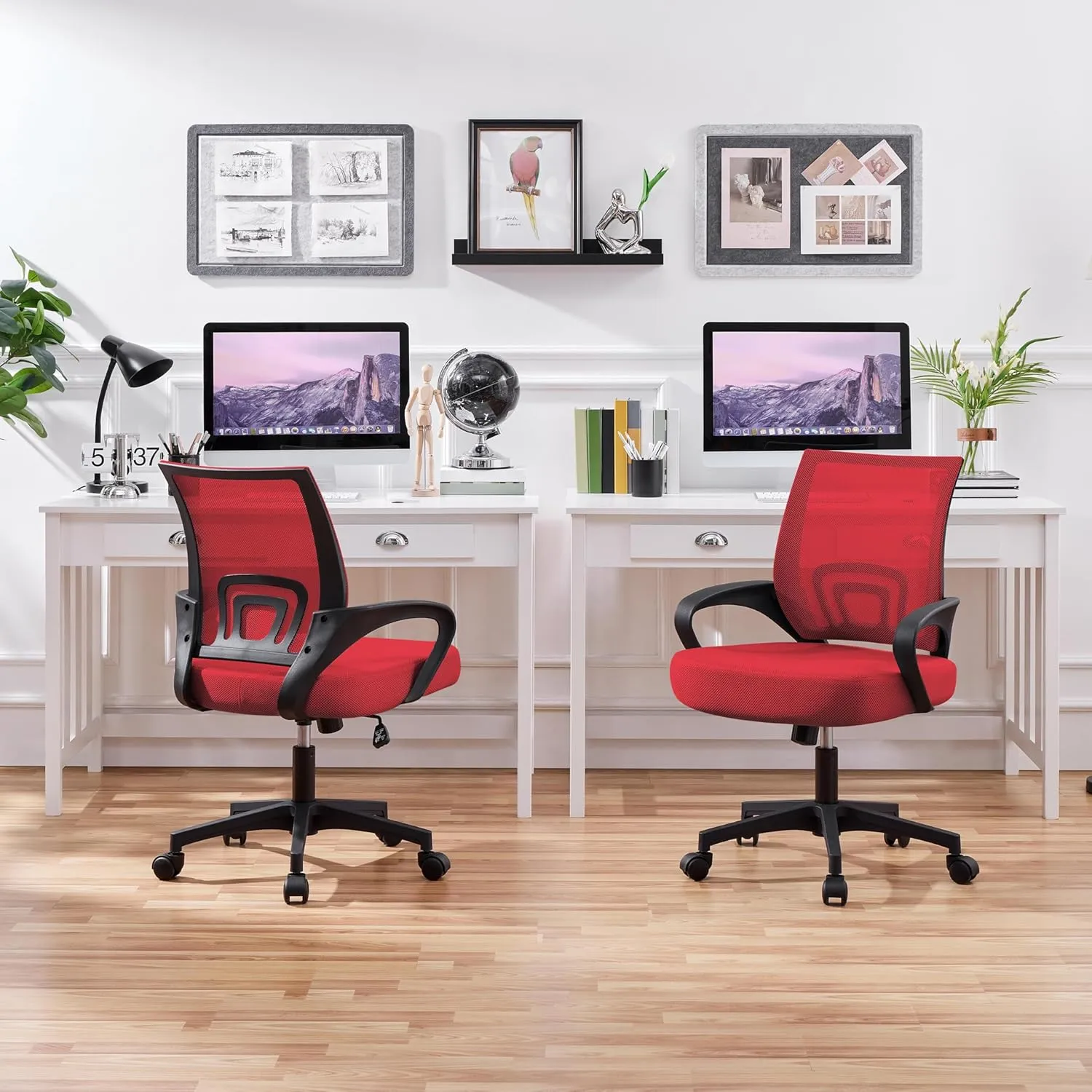 Yaheetech 2pcs Ergonomic Mesh Office Chairs, Computer Chair with Lumbar Support & 360° Rolling Casters 276lb Weight Capacity, Mid-Back Height Adjustable Task Chairs Red