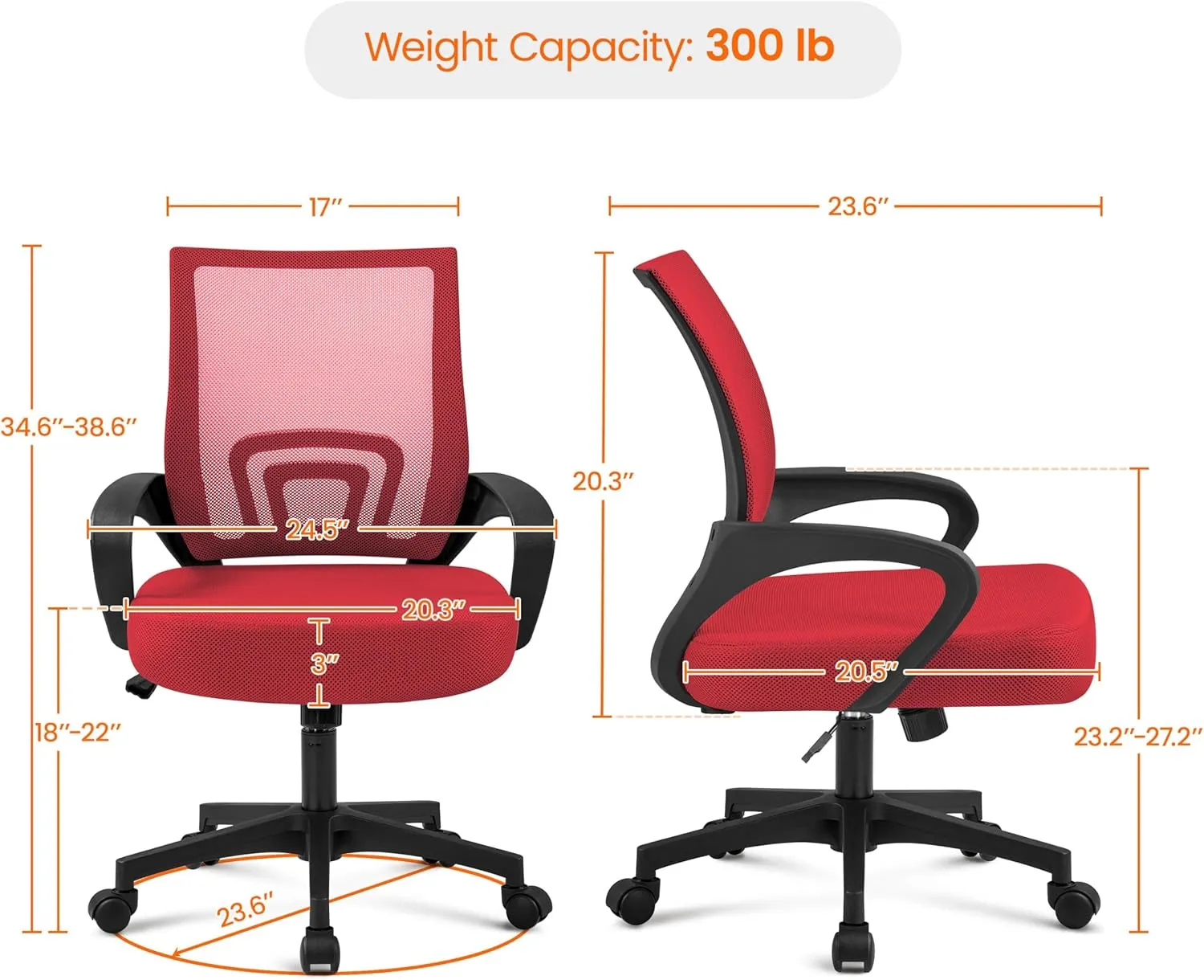 Yaheetech 2pcs Ergonomic Mesh Office Chairs, Computer Chair with Lumbar Support & 360° Rolling Casters 276lb Weight Capacity, Mid-Back Height Adjustable Task Chairs Red
