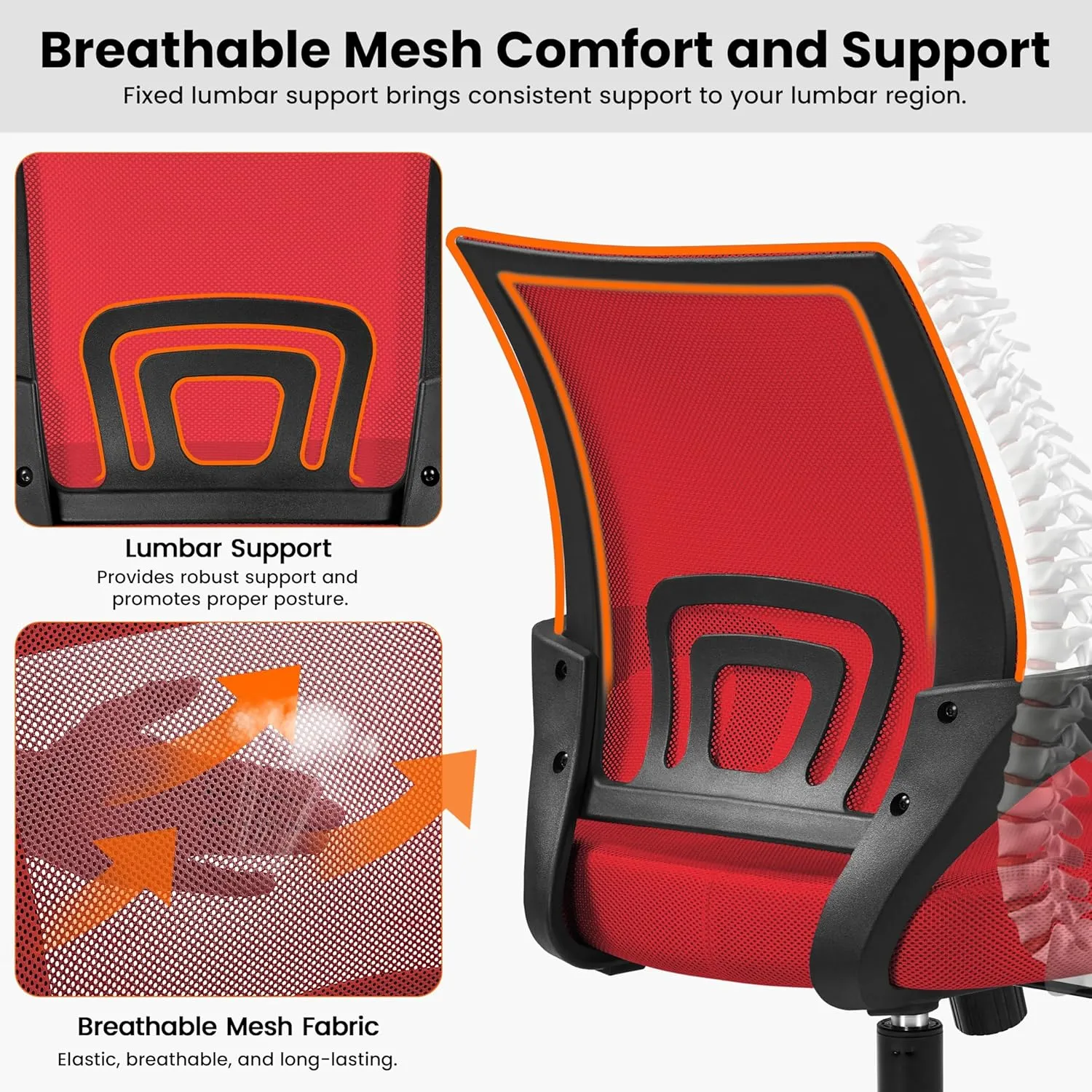 Yaheetech 2pcs Ergonomic Mesh Office Chairs, Computer Chair with Lumbar Support & 360° Rolling Casters 276lb Weight Capacity, Mid-Back Height Adjustable Task Chairs Red