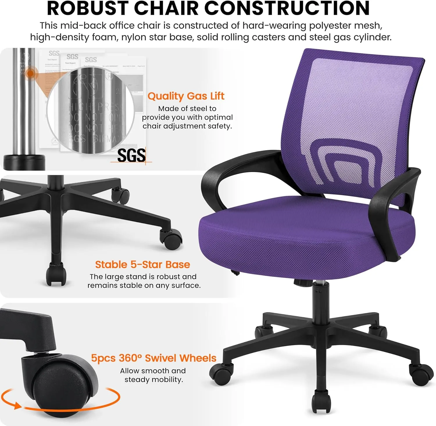 Yaheetech 2Pcs Mesh Adjustable Desk Chairs, Ergonomic Executive Chairs with Lumbar Support for Back Pain Purple