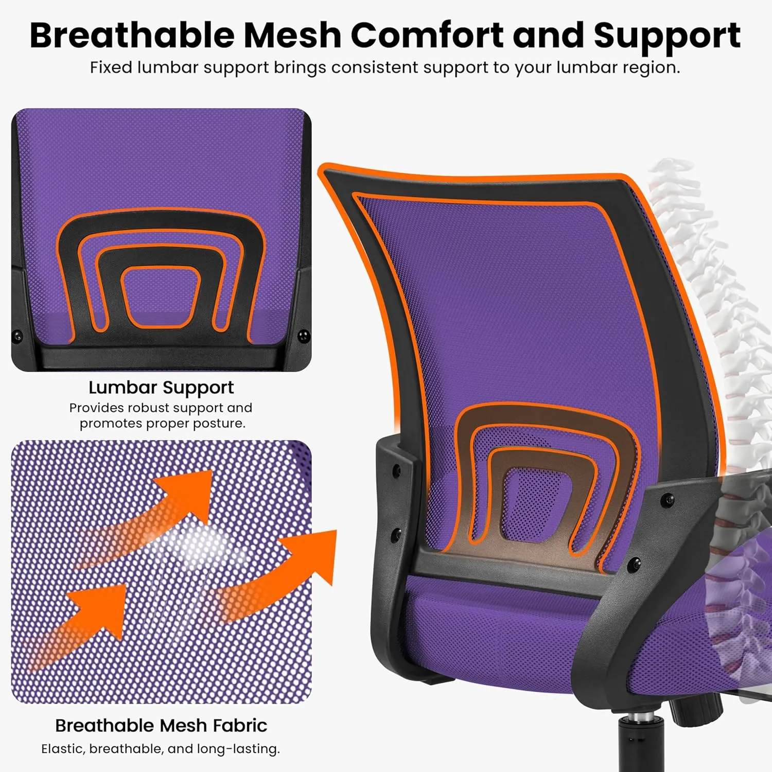 Yaheetech 2Pcs Mesh Adjustable Desk Chairs, Ergonomic Executive Chairs with Lumbar Support for Back Pain Purple