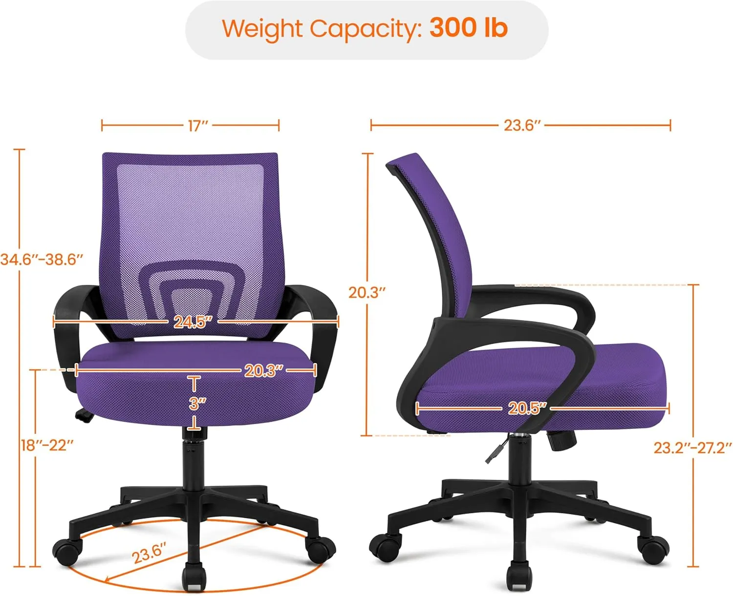 Yaheetech 2Pcs Mesh Adjustable Desk Chairs, Ergonomic Executive Chairs with Lumbar Support for Back Pain Purple