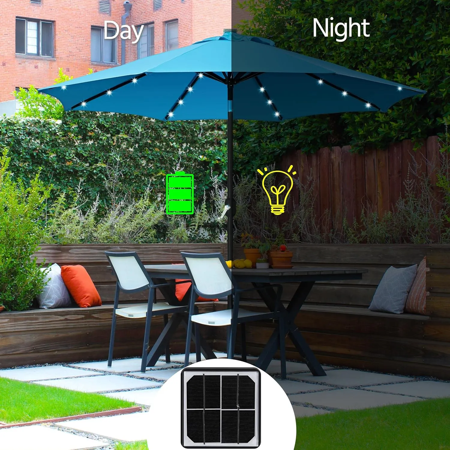 Yaheetech 9FT Solar Powered Patio Umbrella - UV Protection Market Table Umbrella w/ 32 LED Lights & Push Button Tilt & Crank Lift System for Garden/Lawn/Deck/Backyard/Pool,Sky Blue