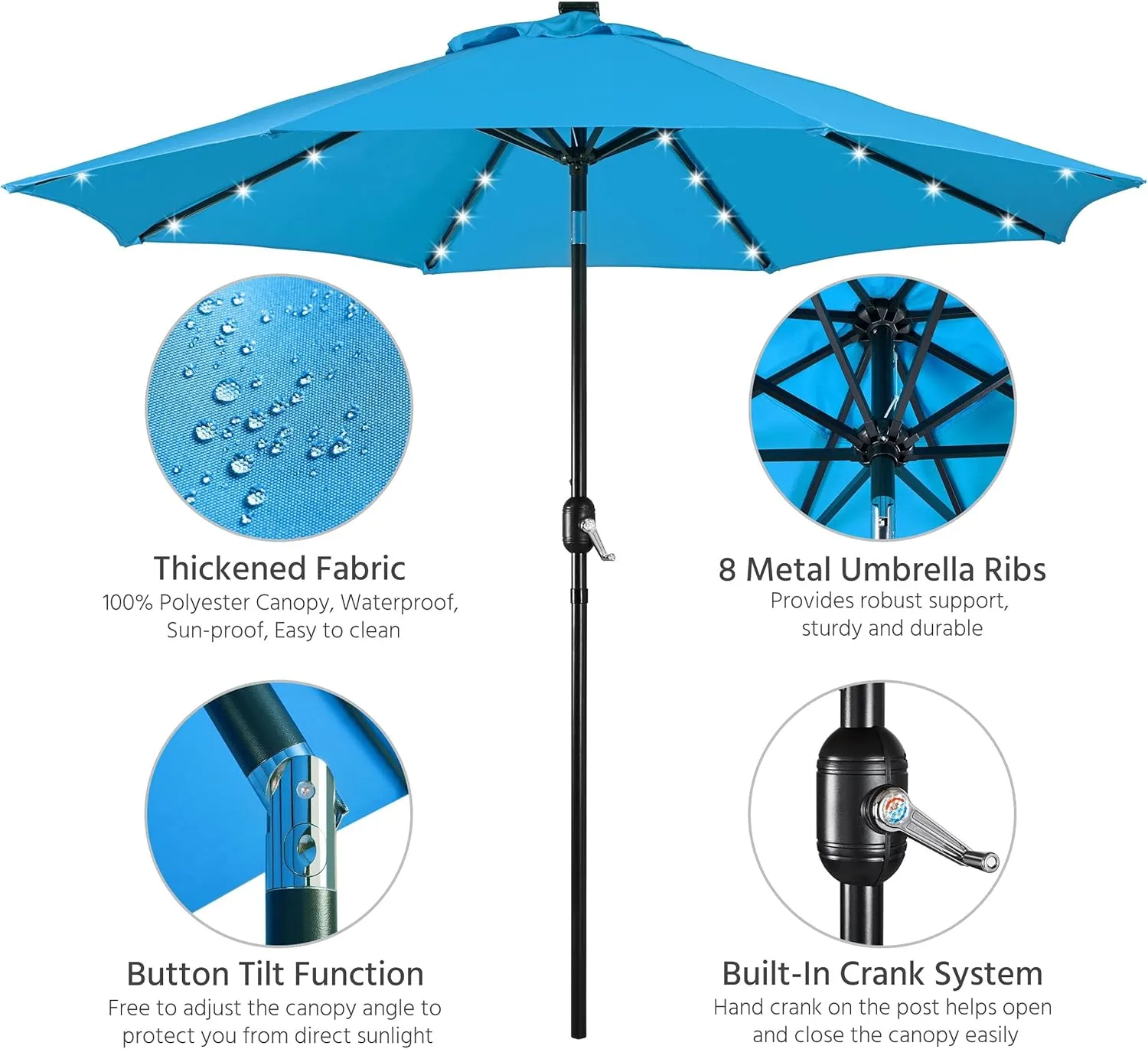 Yaheetech 9FT Solar Powered Patio Umbrella - UV Protection Market Table Umbrella w/ 32 LED Lights & Push Button Tilt & Crank Lift System for Garden/Lawn/Deck/Backyard/Pool,Sky Blue