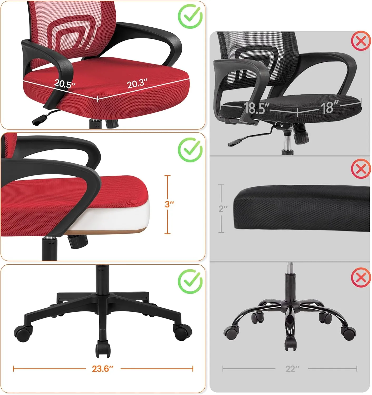 Yaheetech Red Modern Ergonomic Office Chair, Mid Back Mesh Task Chair with Lumbar Support, Adjustable Height, Rolling Swivel, 300lb Capacity