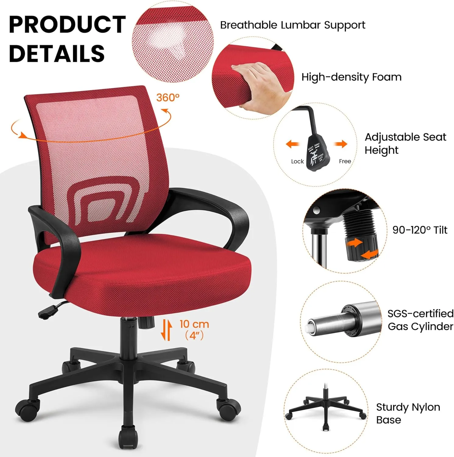 Yaheetech Red Modern Ergonomic Office Chair, Mid Back Mesh Task Chair with Lumbar Support, Adjustable Height, Rolling Swivel, 300lb Capacity
