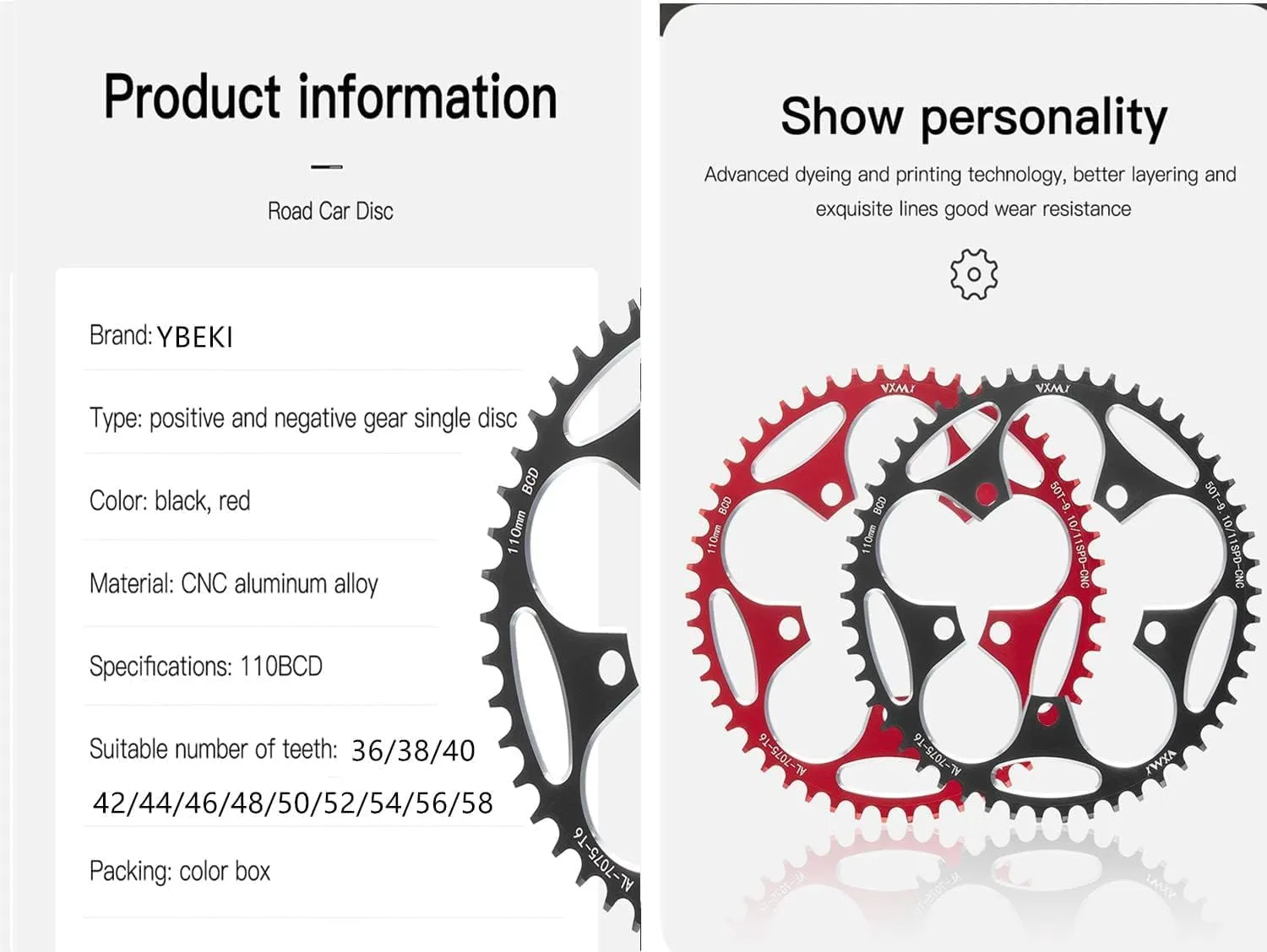 YBEKI 110BCD Chainring - CNC Machined 7075-T6 Aluminum Narrow-Wide Chainwheel for Road Bikes (36-58T Options) | 8-12 Speed Compatible | Ultra-Lightweight | Anti-Drop Design ﻿ (Black/Red)