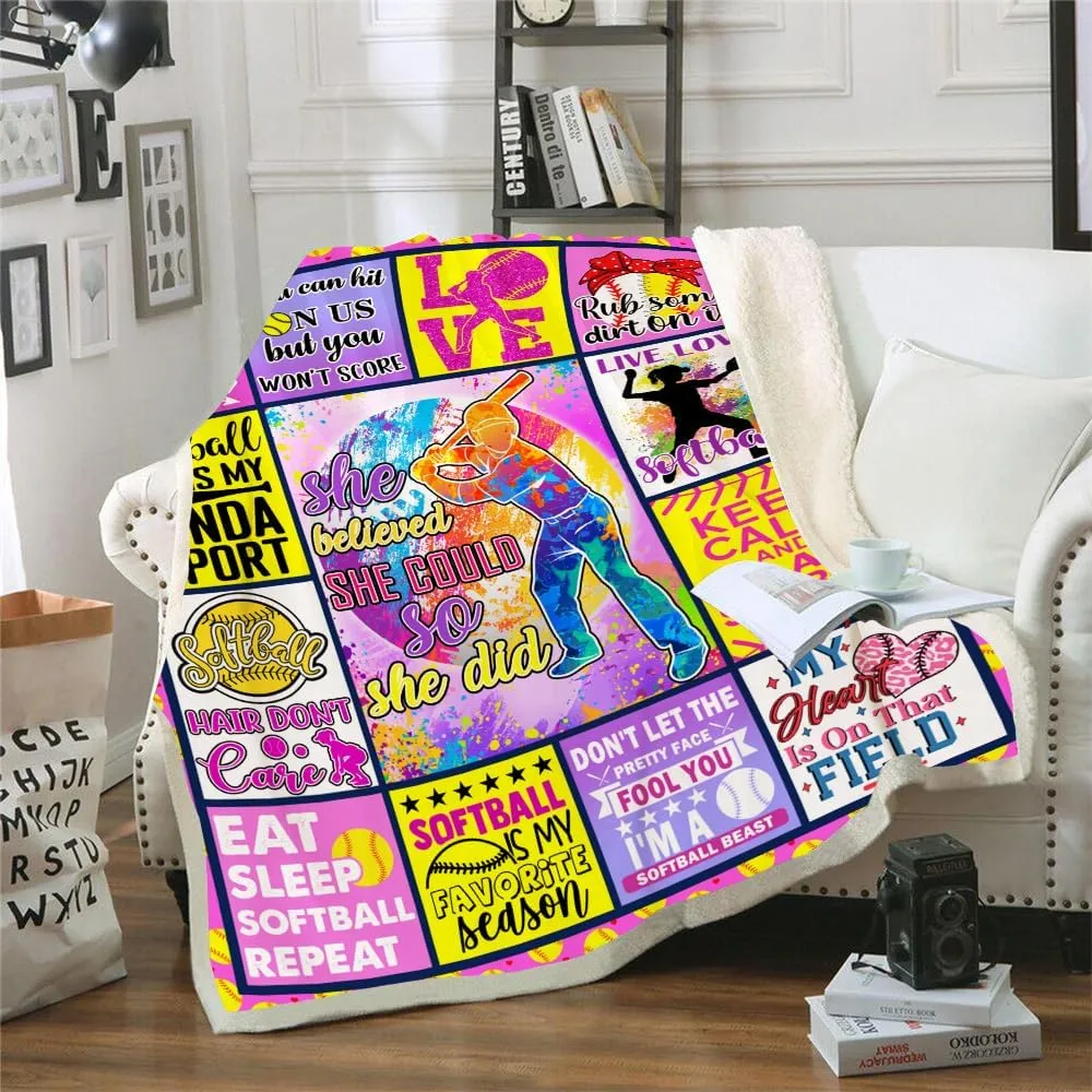 YJIANG Softball Blanket, Softball Gifts for Girls, Women, Team, Lovers, Christmas, Birthday, Cozy Couch Throw, 50"x60", Purple, Microfiber, Plush, Single Layered, Sport, Moderate Thermal Performance