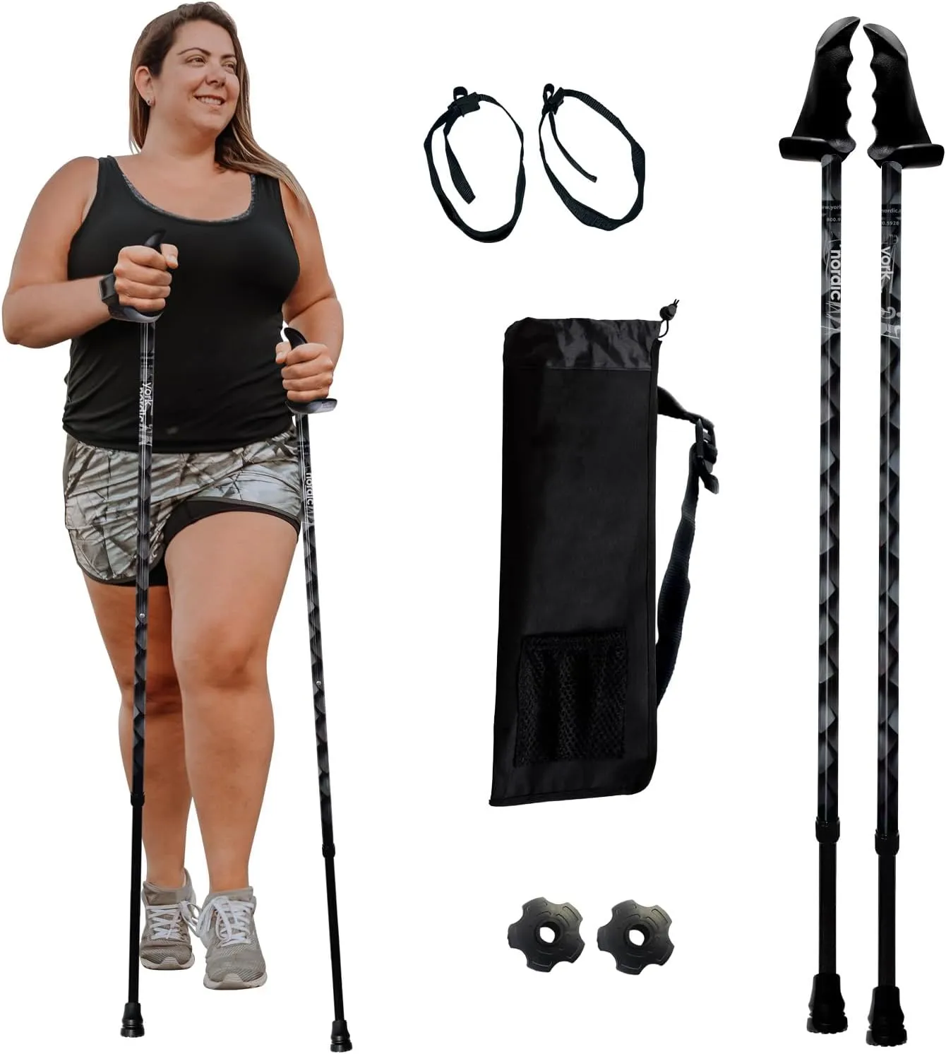 York Nordic Big and Tall Motivator Walking Poles for Balance and Rehab - 2 Pieces - Strong Push Button Locks, Detachable Rubber Feet, Travel Bag - for Heights 4' up to 7' feet and Weights up to 500lbs