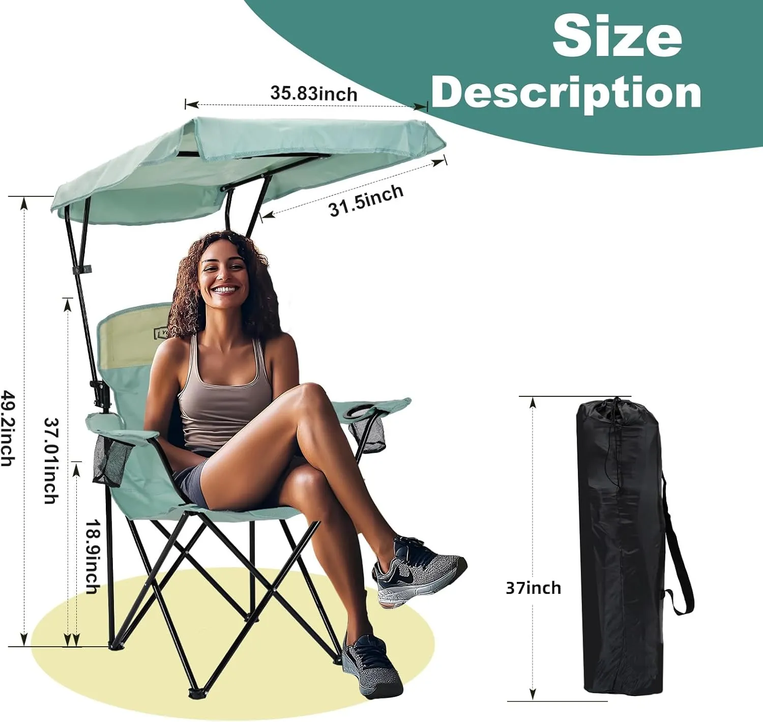 YOUNG WOOD Portable Camping Chair Beach Chair with Shade Canopy, Fold Lightweight Oversized for All, Easy to Open and Close Without Installation, Side Pocket Design for All Outdoor Activities，Blue