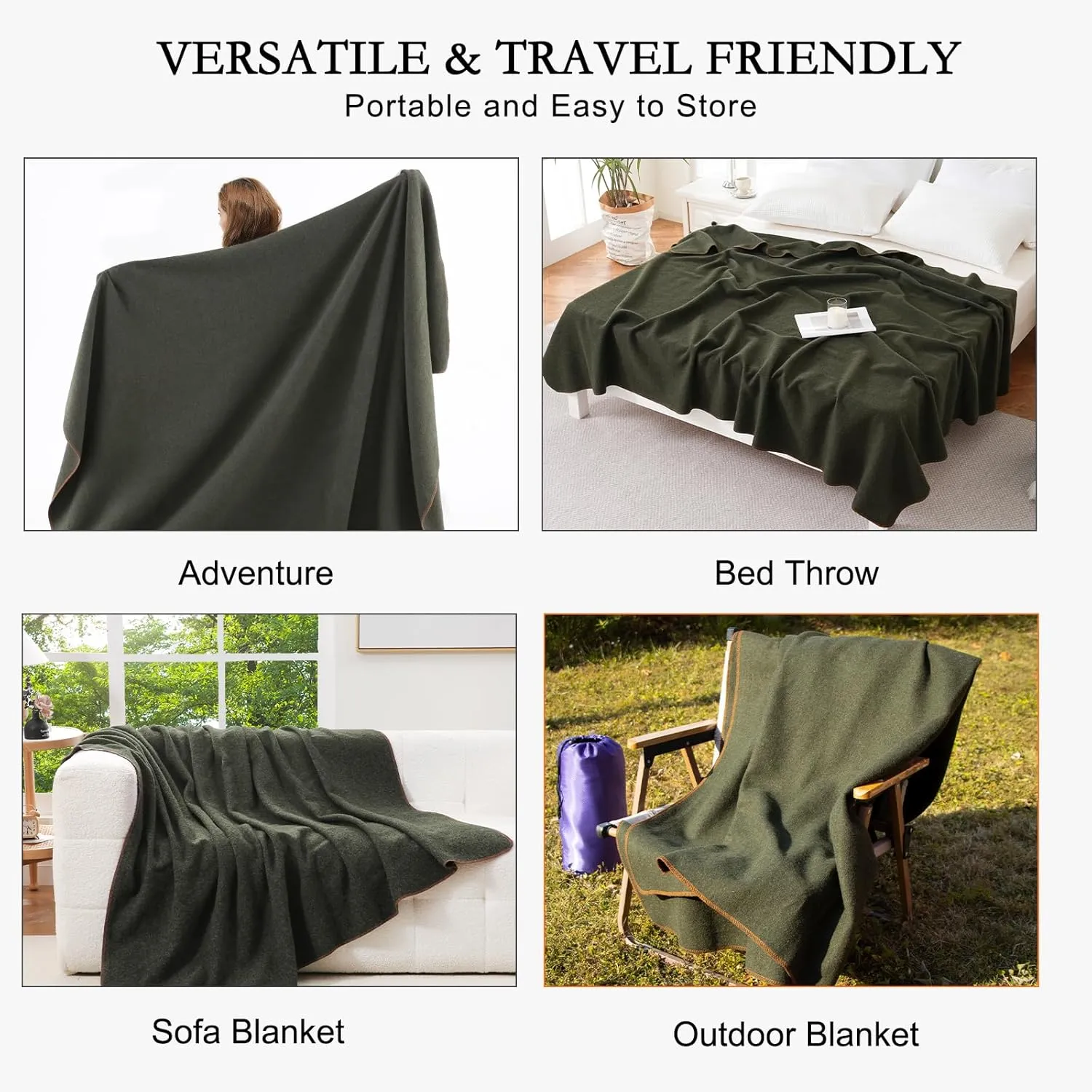 YOUR MOON Camping Wool Blanket, Warm, Military Wool Blanket for Outdoors, Travel, Survival, Large 63" x 87" 3.4LBS (Army Green)