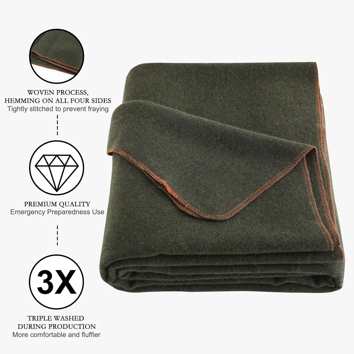 YOUR MOON Camping Wool Blanket, Warm, Military Wool Blanket for Outdoors, Travel, Survival, Large 63" x 87" 3.4LBS (Army Green)
