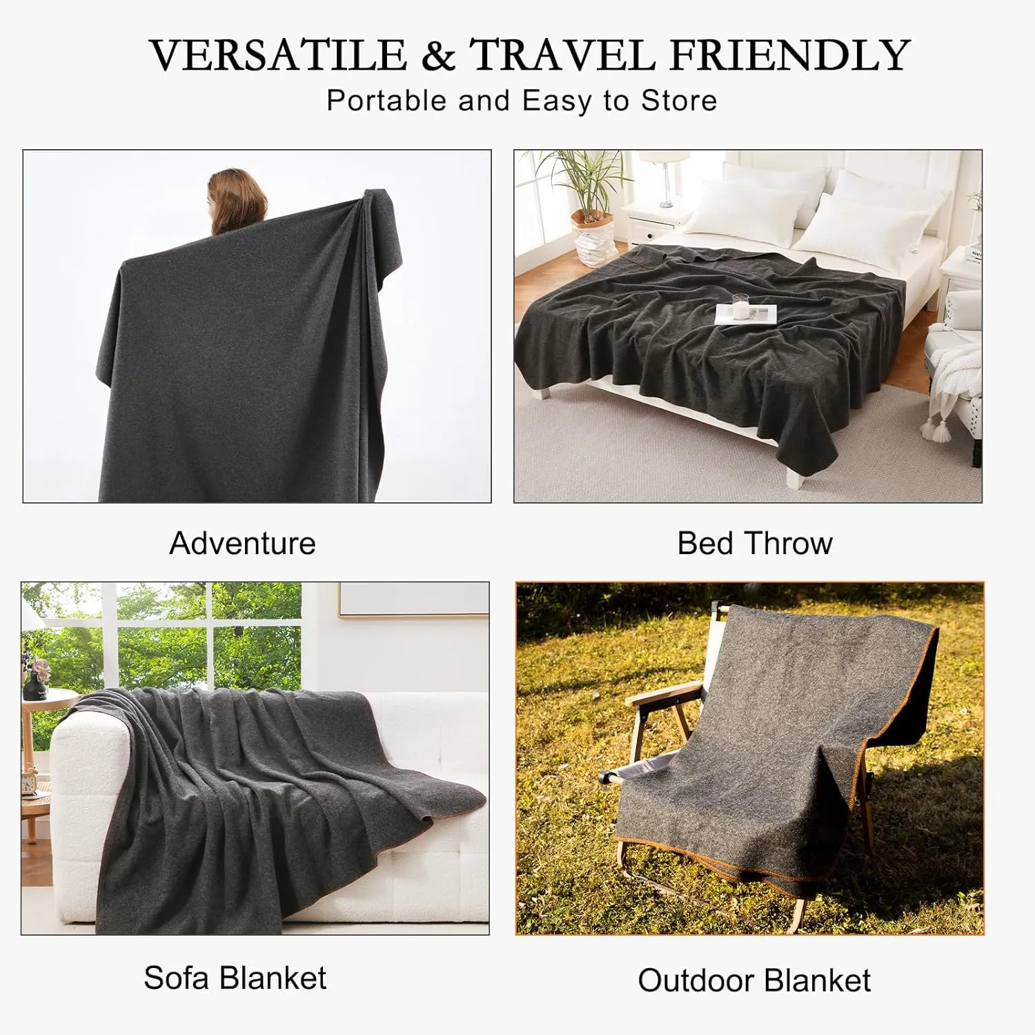 YOUR MOON Camping Wool Blanket, Warm, Military Wool Blanket for Outdoors, Travel, Survival, Large 63" x 87" 3.4LBS (Gray)