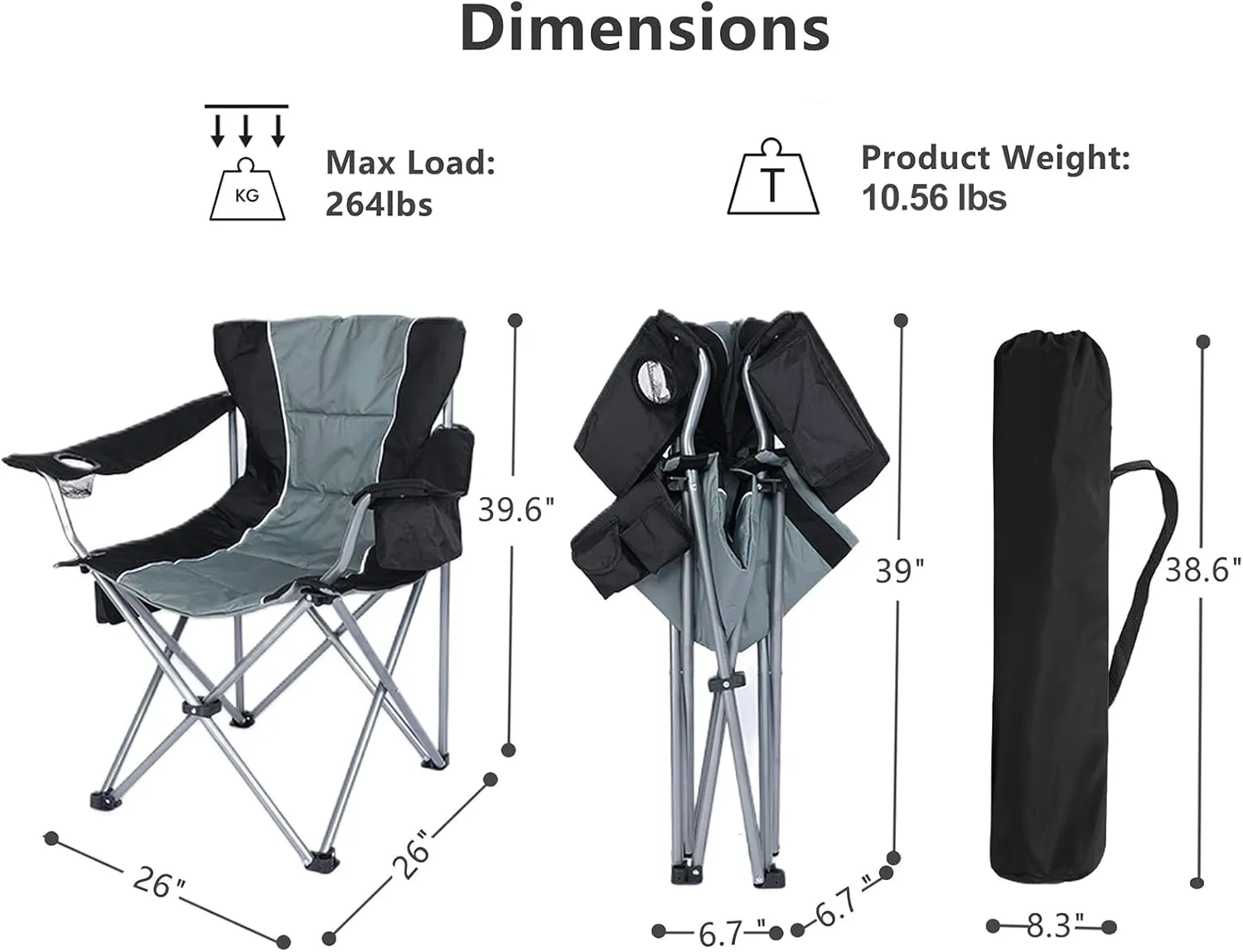 YSSOA Oversized Camping Folding Chair with Cup Holder, Side Cooler Bag, Heavy Duty Steel Frame Fully P Added Quad Armchair for Outdoors, 1-Pack, Grey (FNCHARCAMPCT03BGV1)