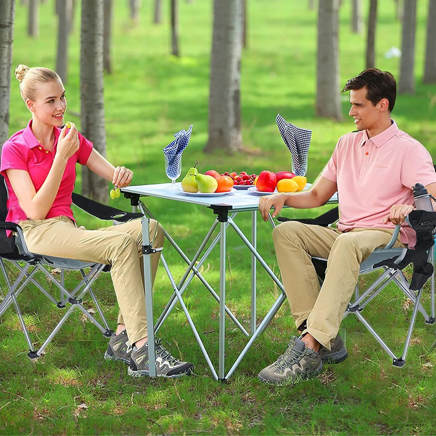 YSSOA Oversized Camping Folding Chair with Cup Holder, Side Cooler Bag, Heavy Duty Steel Frame Fully P Added Quad Armchair for Outdoors, 1-Pack, Grey (FNCHARCAMPCT03BGV1)