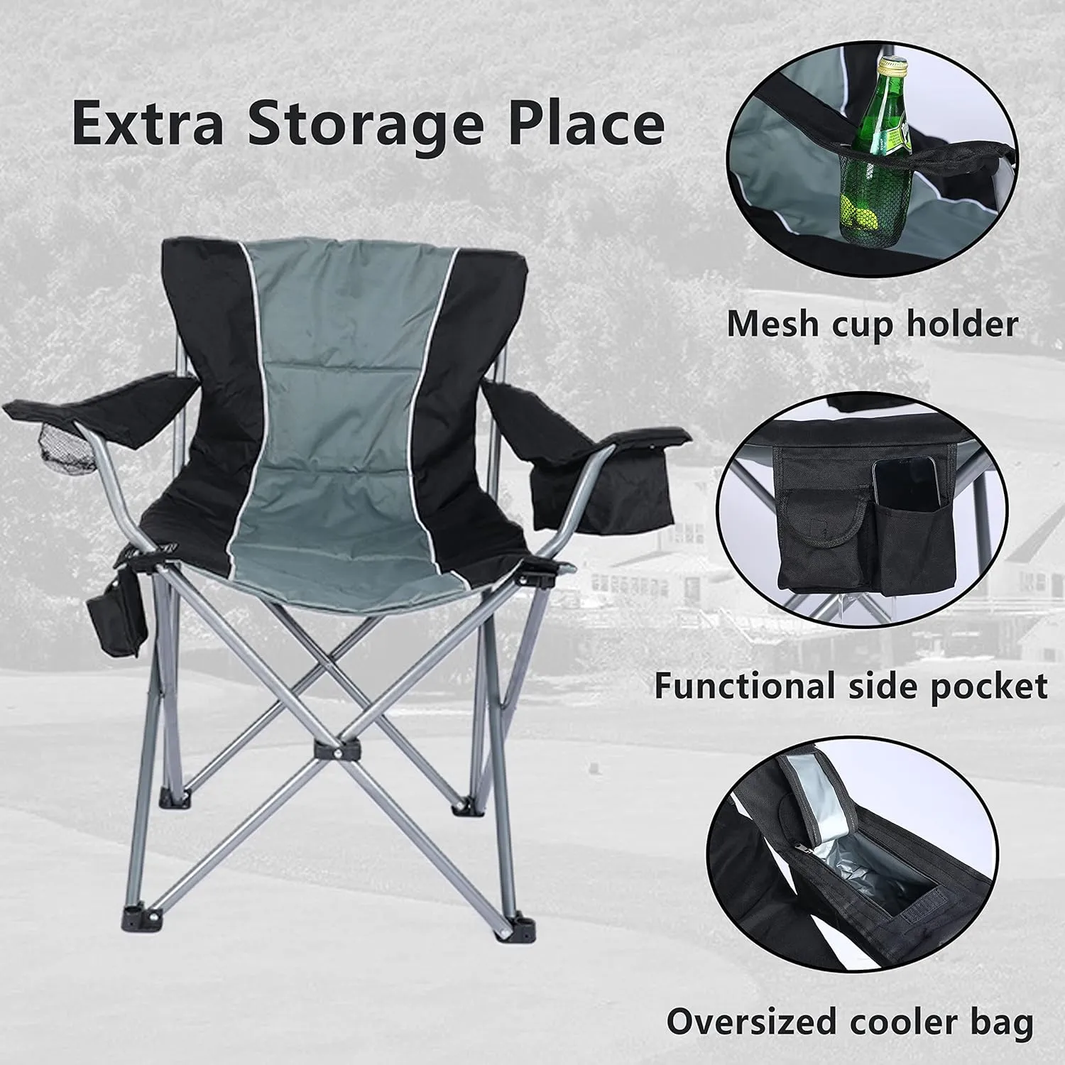 YSSOA Oversized Camping Folding Chair with Cup Holder, Side Cooler Bag, Heavy Duty Steel Frame Fully P Added Quad Armchair for Outdoors, 1-Pack, Grey (FNCHARCAMPCT03BGV1)