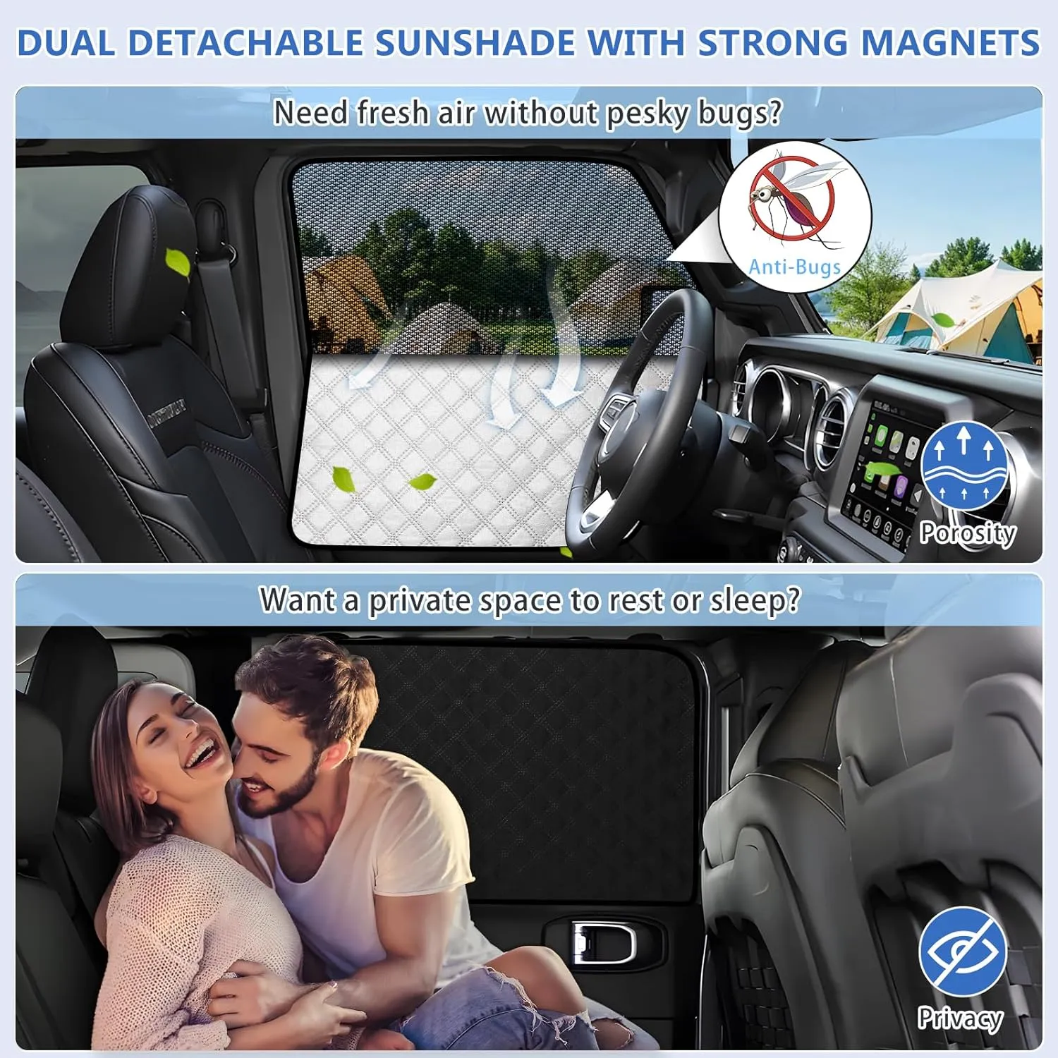 ZATOOTO Jeep Wrangler Window Shades 2007-2018 JL JK, Double Layer Side Window Shade 4Pack for Camping with Breathable Mesh and Reversible Blackout Design for Privacy&UV Protection