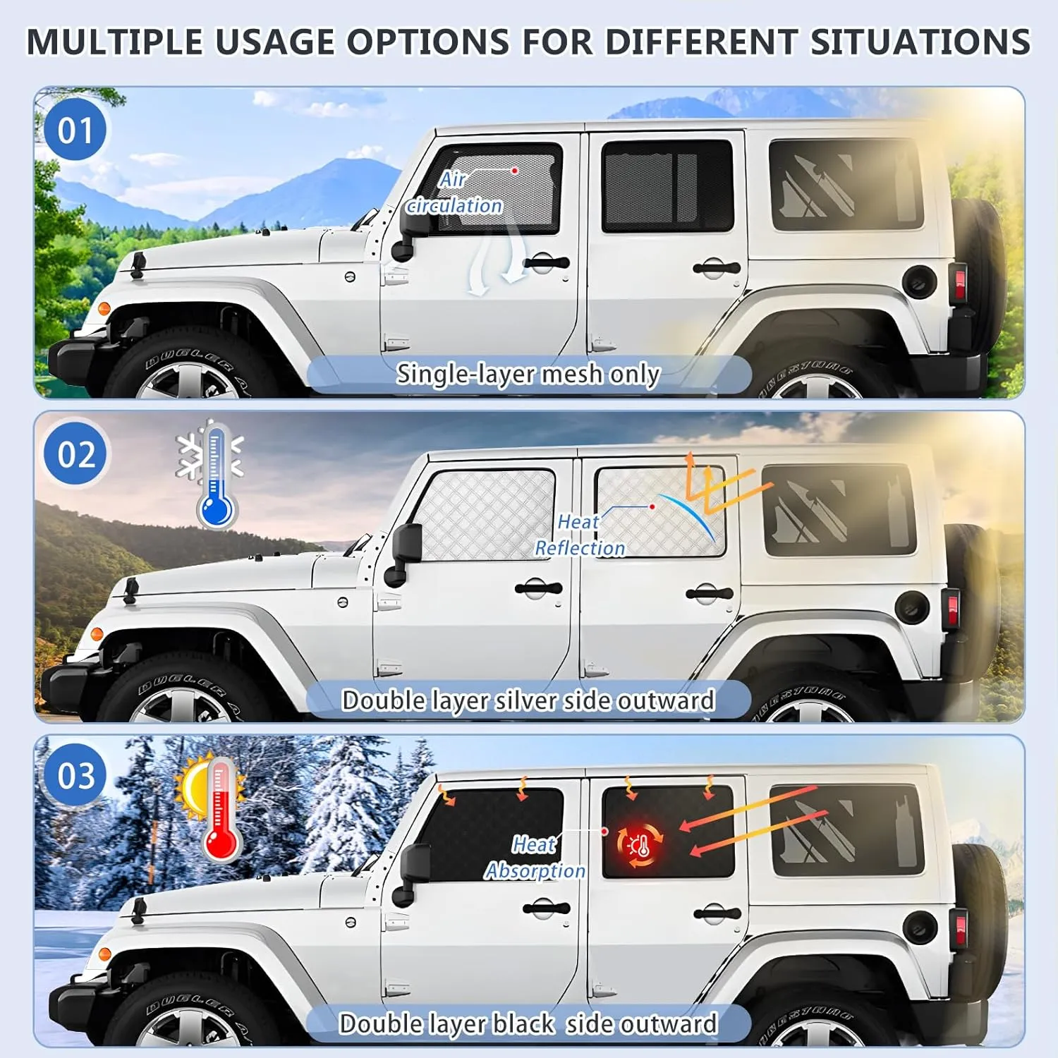 ZATOOTO Jeep Wrangler Window Shades 2007-2018 JL JK, Double Layer Side Window Shade 4Pack for Camping with Breathable Mesh and Reversible Blackout Design for Privacy&UV Protection