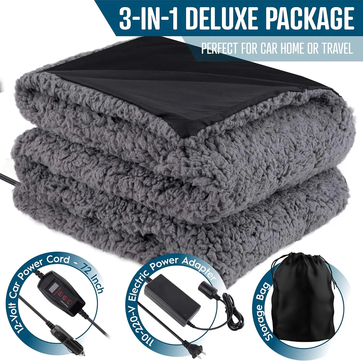 ZONETECH Sherpa Fleece Travel Blanket Grey Cozy Soft Plush Warm Fuzzy Automotive Comfortable Car Seat 59" x 43” Size -Great for Winter, Home, Office and Camping